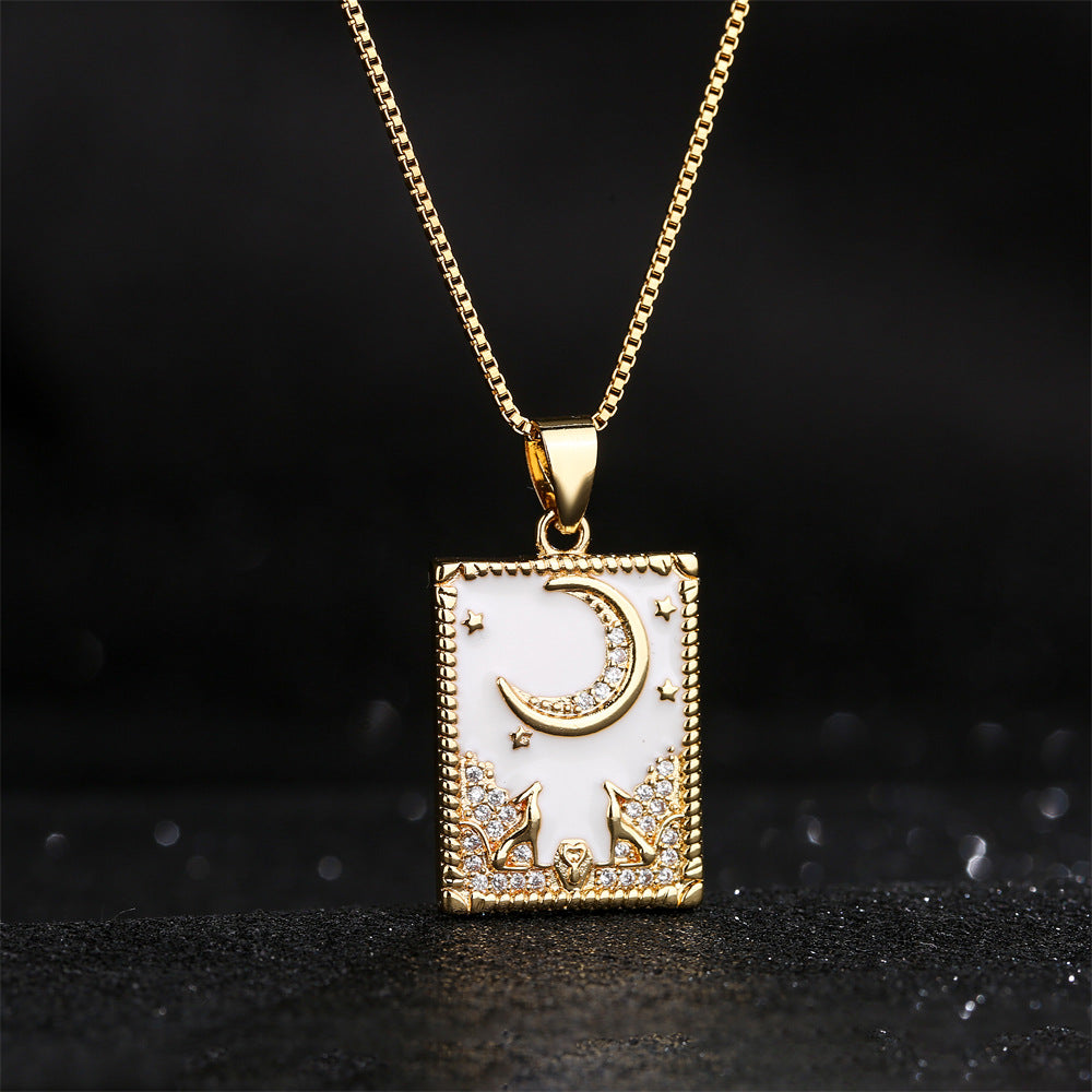 Retro-Style Geometric Oil-Dipped Zircon Oil Painting Pendant Necklace for Women in Copper with 18K Gold Plating