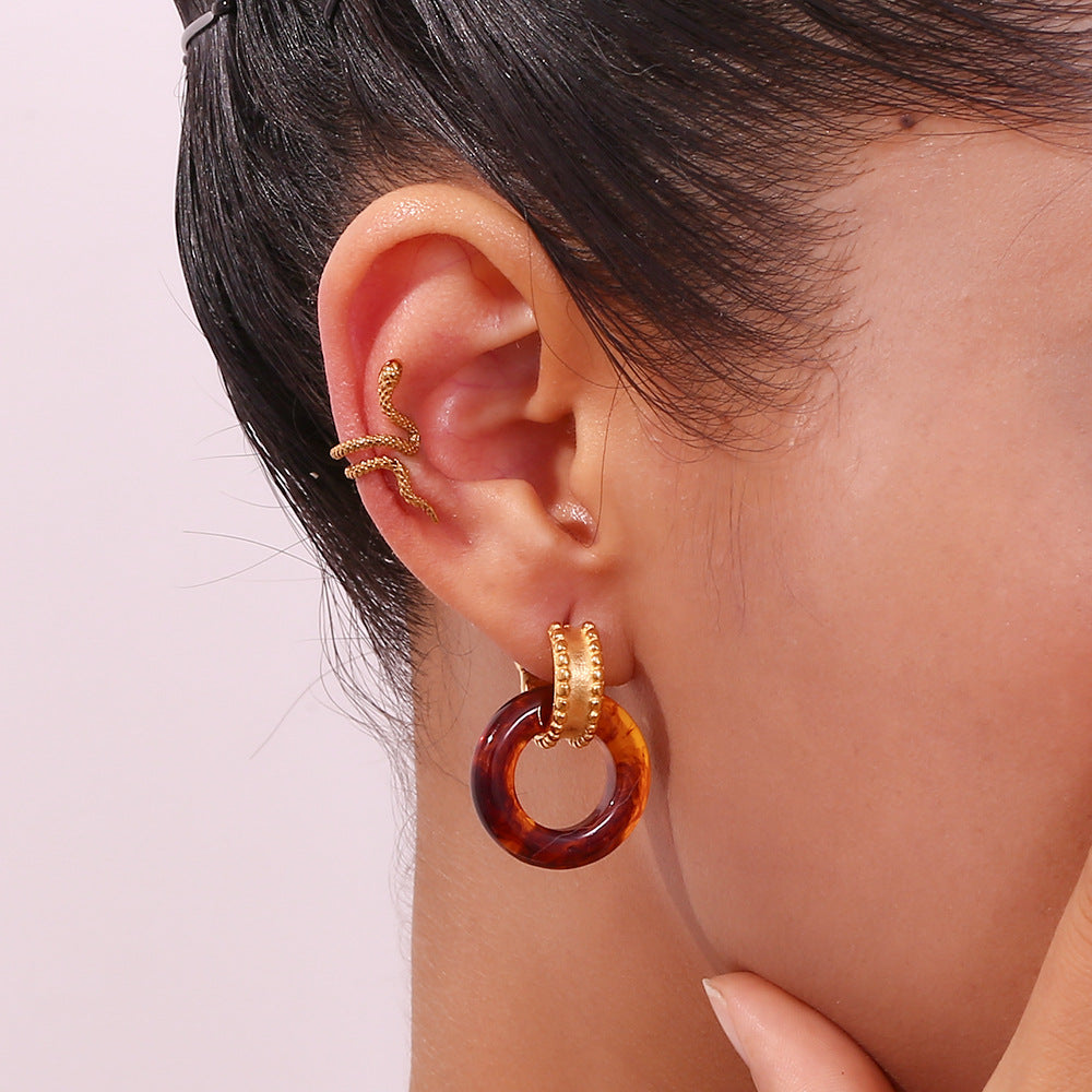 Vintage-Inspired Geometric Stainless Steel Earrings with 18K Gold Plating, Contrast Acrylic Beads and Rolled Edge Detail
