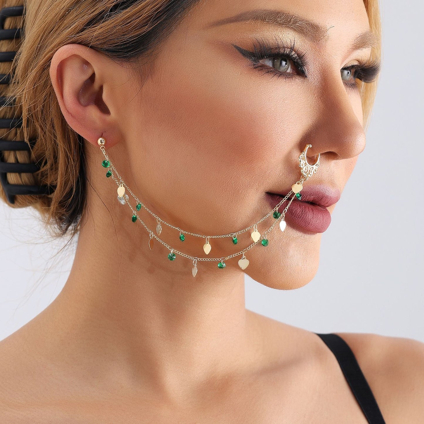 Bohemian Green Crystal Heart Geometric Plated Alloy Nose Ring with Tassel for Unisex