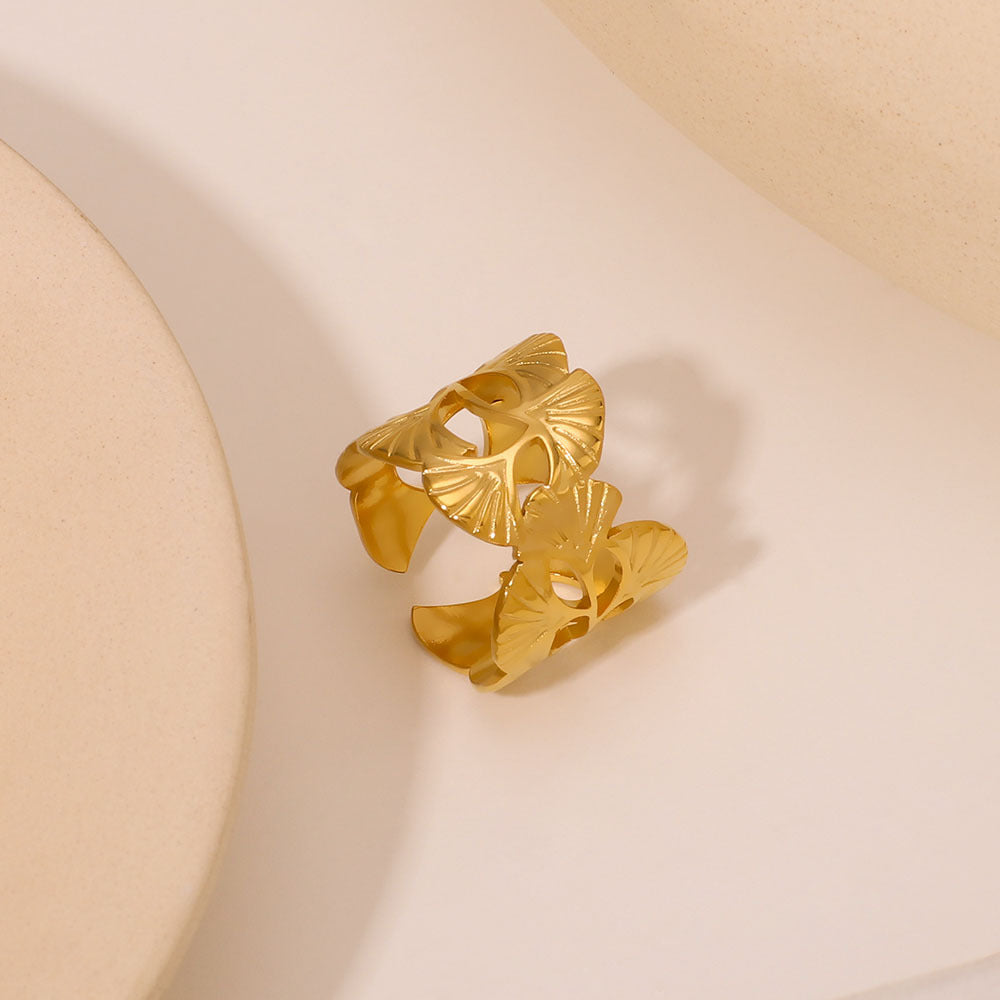 Minimalist Ginkgo Leaf Ring in Stainless Steel with 18K Gold Plating, Hollow-Out Geometric Design for Unisex Everyday Wear