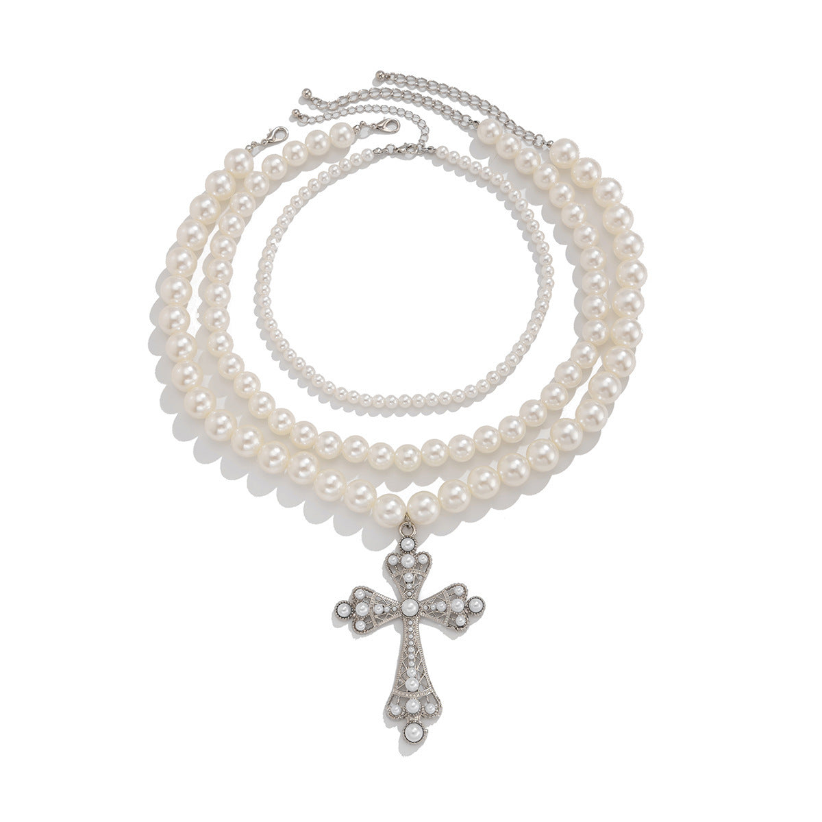 Punk Geometric Cross Hollow Multi-Layer Alloy Necklace Set with Imitation Pearls for Women