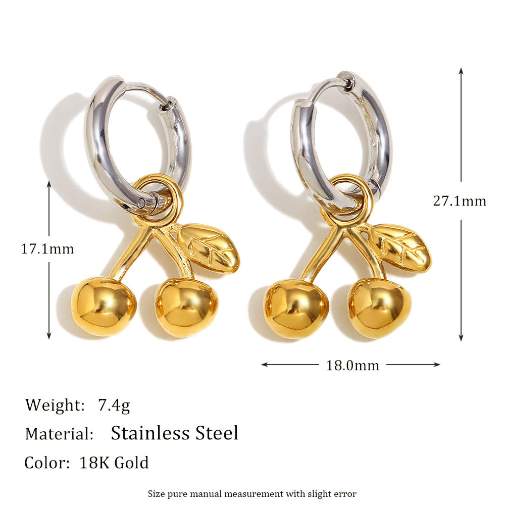Orecchini in acciaio inossidabile a forma di ciliegia con placcatura in oro 18 carati per donne, design alla moda minimalista e adatto per l'ufficio