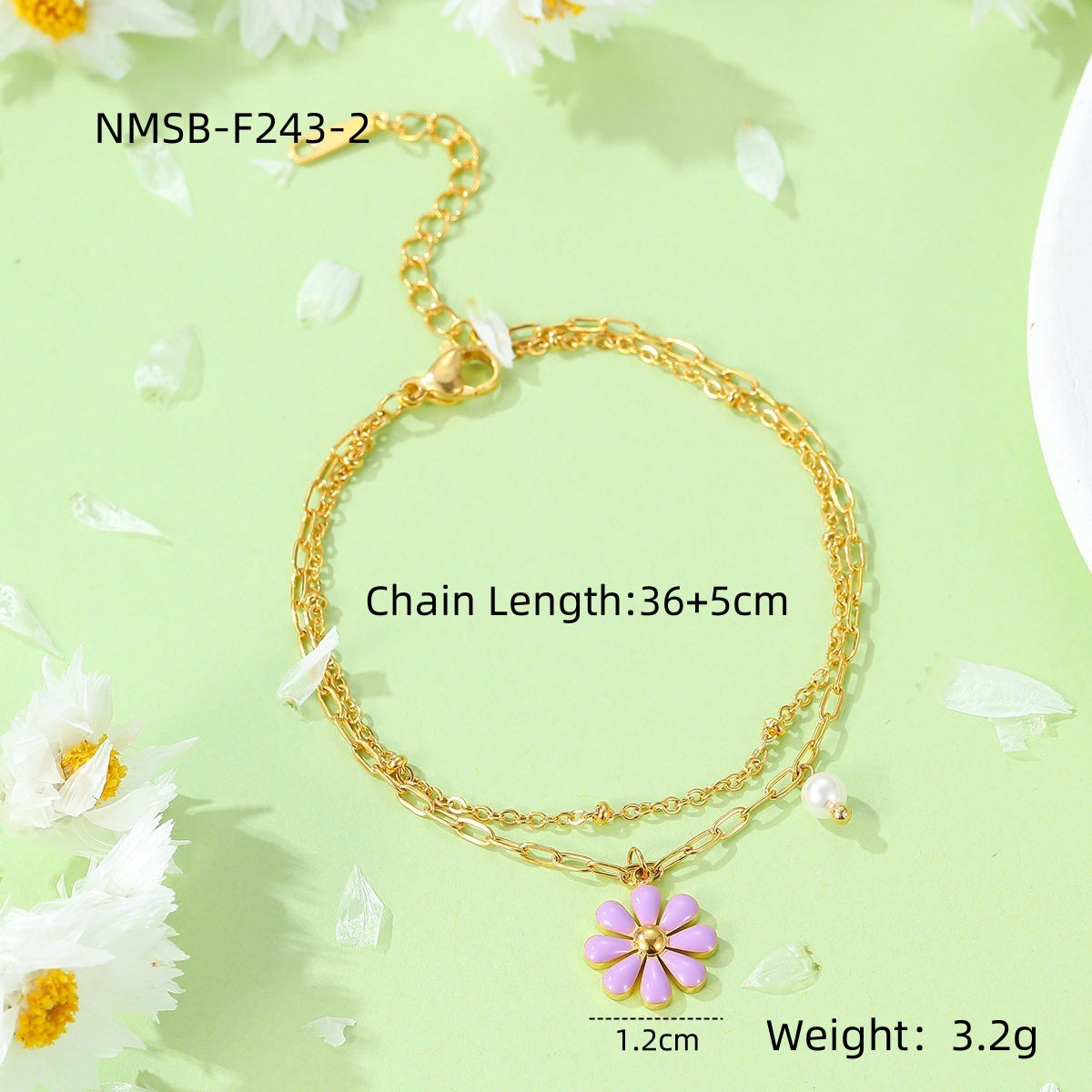 Sweet Minimalist 18K Gold Plated Titanium Steel Daisy Pearl Enamel Bracelet for Women
