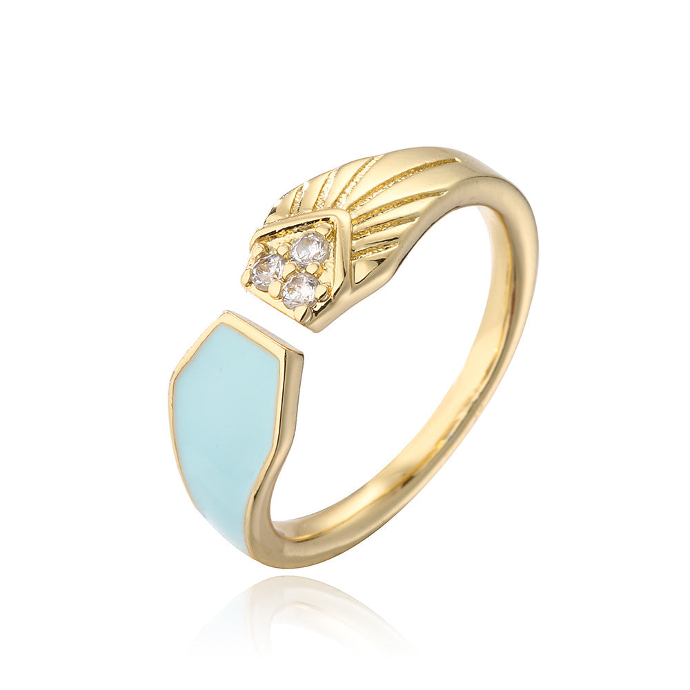 Minimalist Geometric Copper Ring with 18K Gold Plating and Colored Enamel Zirconia for Women