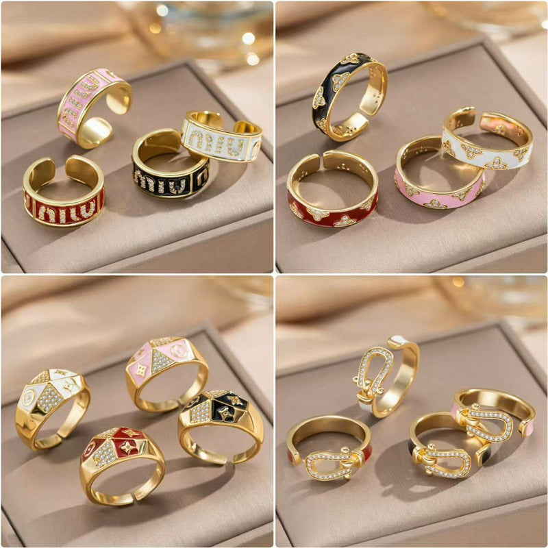 Fashion Luxury Geometric Irregular Enamel Zircon 18K Gold Plated PVD Copper Open Ring for Unisex