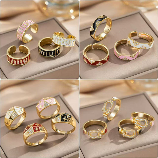 Anello aperto unisex in rame placcato oro 18 carati PVD con zirconi smaltati, lusso geometrico irregolare, alla moda