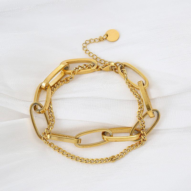 Retro Chic Two-Tone Thick Stainless Steel Bracelet for Women with Gold Plating and Edgy Sweet Style