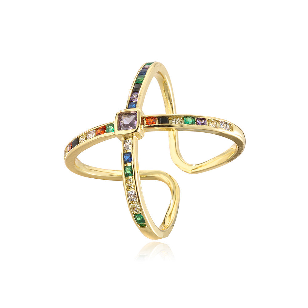 INS-Inspired Geometric Open Ring for Women Made of Copper with 18K Gold Plating and T-Zirconia Inlay