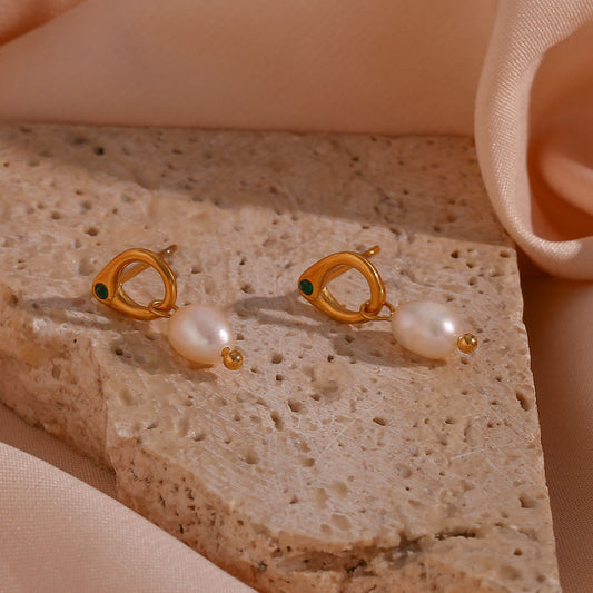 Orecchini a cerchio geometrici minimalisti in acciaio inossidabile con perle d'acqua dolce e strass verdi per donna
