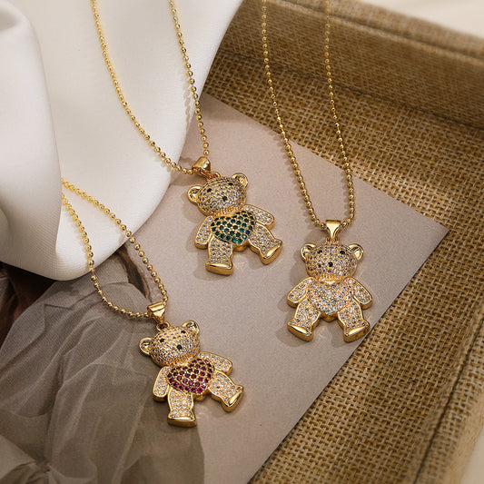 Collar minimalista con colgante de oso de cobre chapado en oro con circonitas para mujer