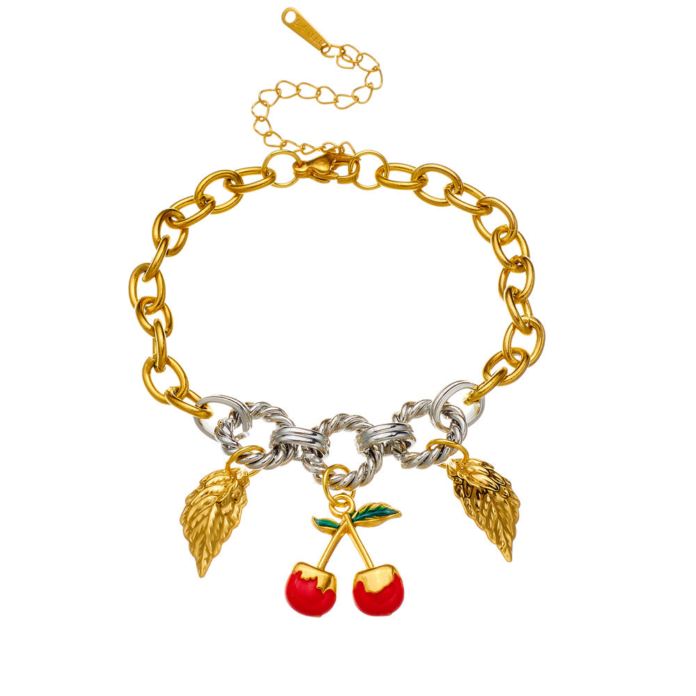 Bracciale pendente in smalto retrò ciliegia con motivi conchiglia, stella marina e granchio in acciaio inossidabile, bracciale di lusso da donna