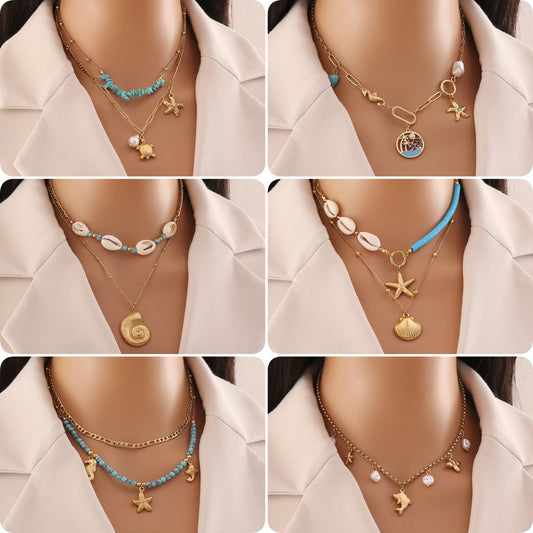 Collana pendente bohémien in acciaio inossidabile a forma di onda con design a conchiglia ispirato allo strass su catena a O da donna
