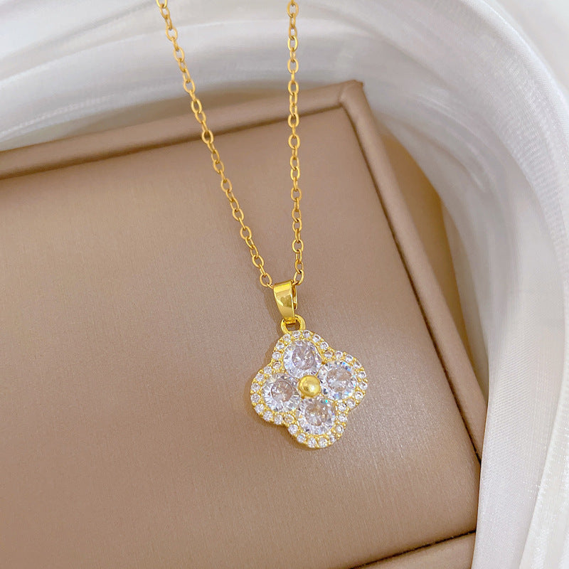 Sweet Geometric Clover Cubic Zirconia Titanium Steel Necklace for Unisex