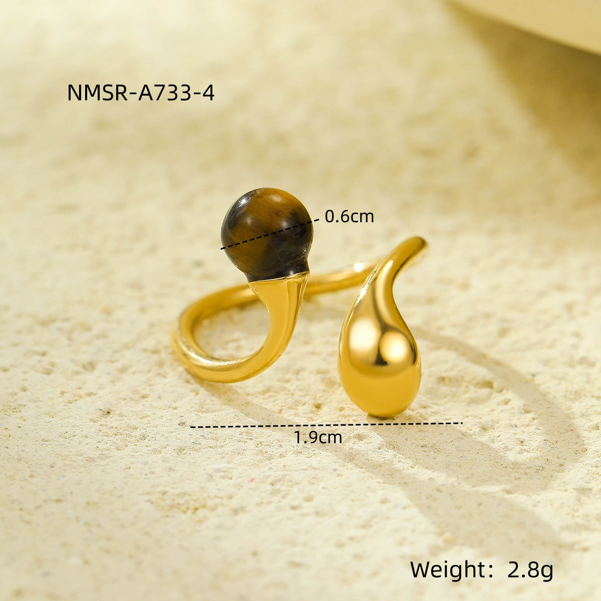 Anello Aperto Geometrico Minimalista in Acciaio Inossidabile con Intarsio in Pietra Naturale, Gioiello di Moda Ipoallergenico Placcato Oro 18K da Donna