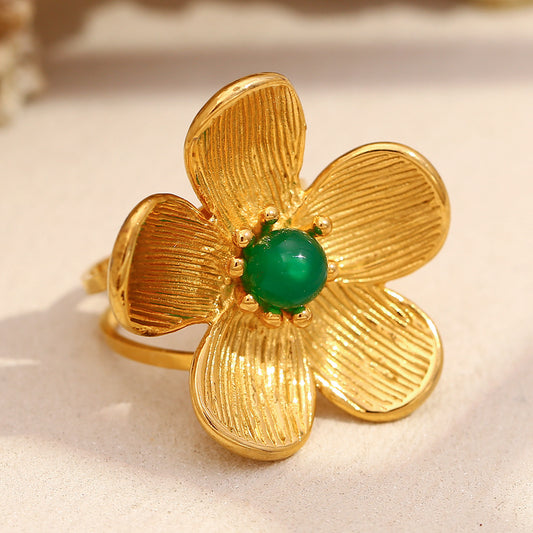 Vintage Floral Stainless Steel Ring with 18K Gold Plating and Emerald Accents for Women