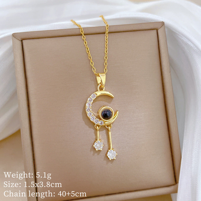 Sweet Luxury Moon Rhinestone Tassel Projection Necklace Titanium Steel Unisex