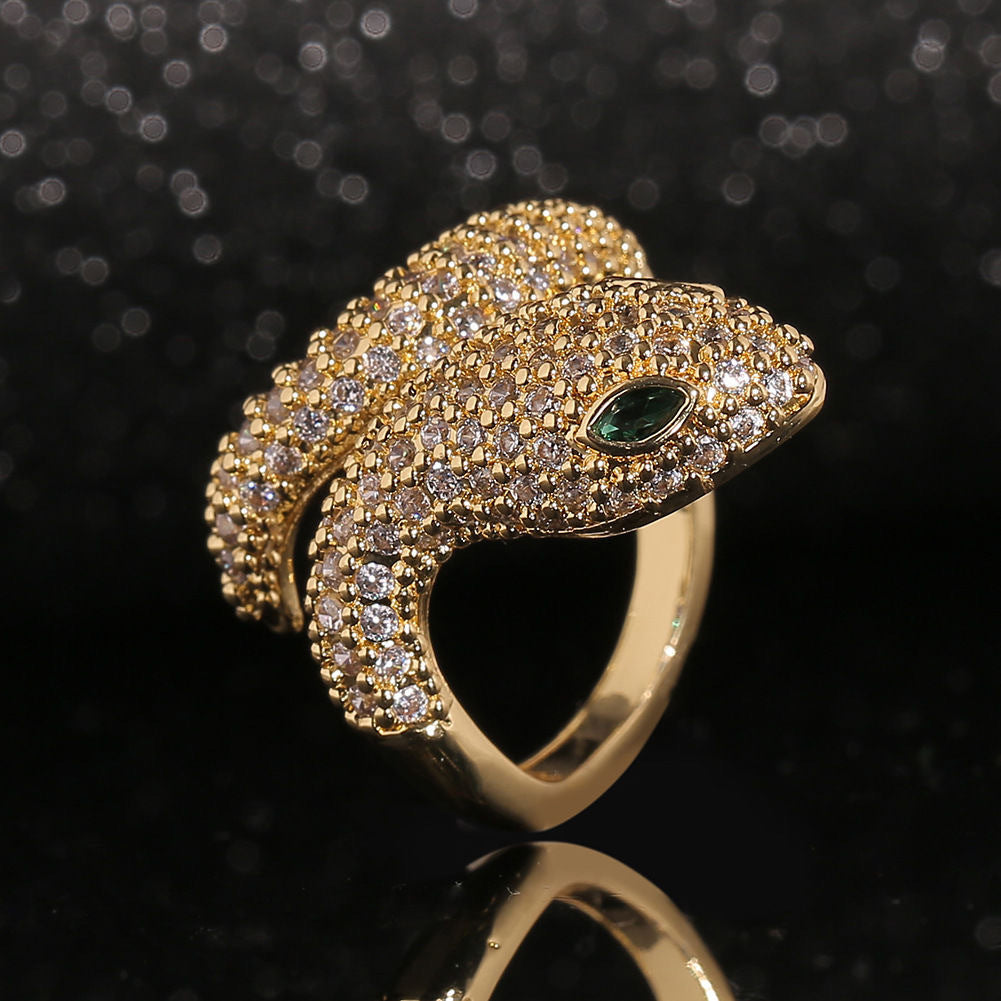 Elegant Snake-Shaped Open Ring with Zirconia Green Eyes in Alloy with Plated Finish for Women