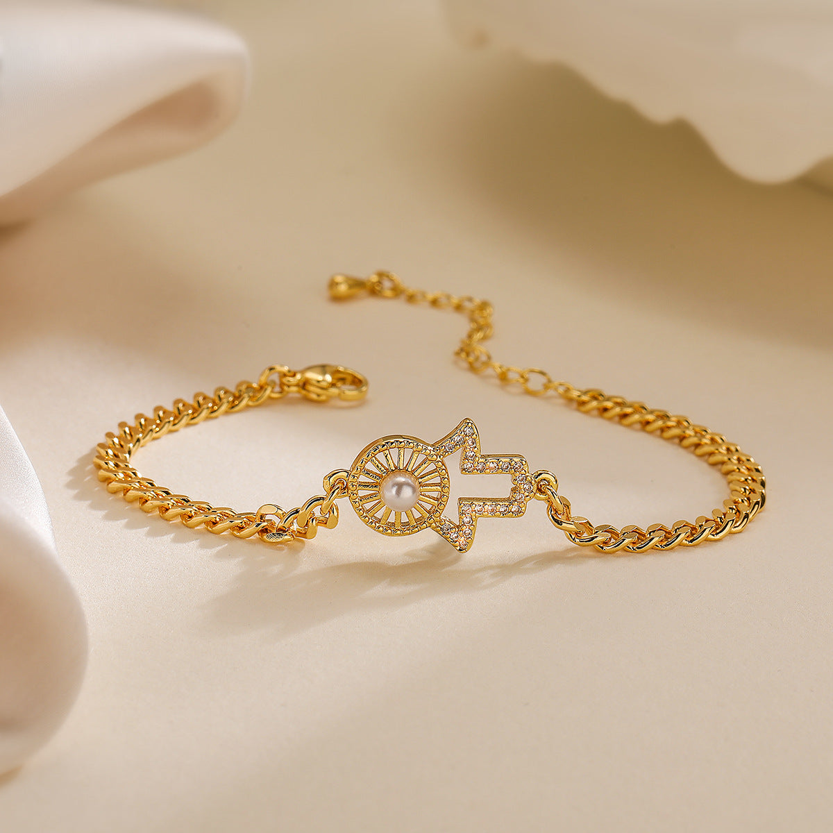 Geometric Evil Eye Cuff Bracelet for Women in Copper with 18K Gold Plating and Zircon Inlay