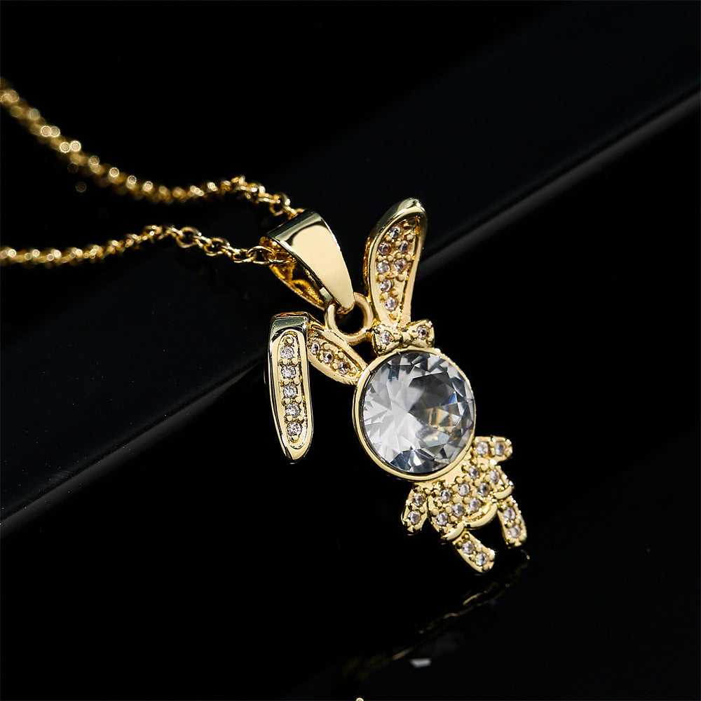 Collana Pendente con Animali Carini da Donna con Base in Rame Placcata in Oro 18K con Ciondoli a Orso e Coniglio