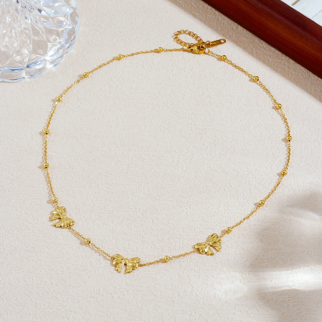Minimalist Gold Plated Stainless Steel Ball Chain Necklace with Bow Pendant for Women