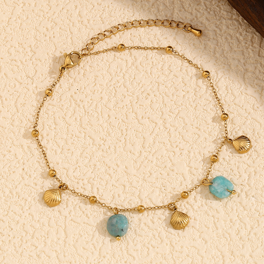 Minimalist 18K Gold Plated Stainless Steel Geometric Shell and Amazonite Pendant Anklet for Women