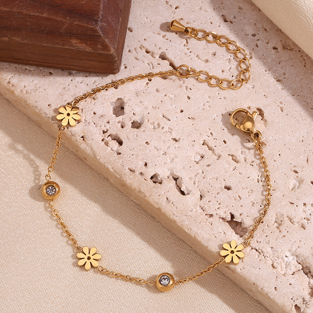 Bracciale a Fiore con Strass Bianchi e Neri a Doppia Faccia, Placcato Oro 18K, in Acciaio Inossidabile, per Donna, Stile Minimalista e di Tendenza
