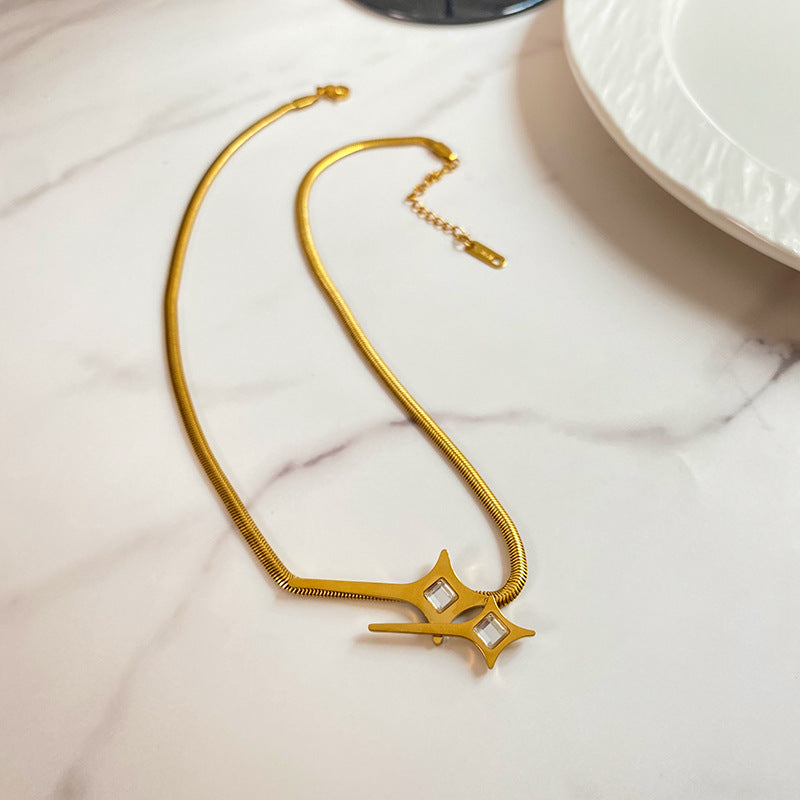Sweet Streetwear Gold Plated Titanium Steel Double Star Micro-set Cubic Zirconia Flat Snake Chain Necklace