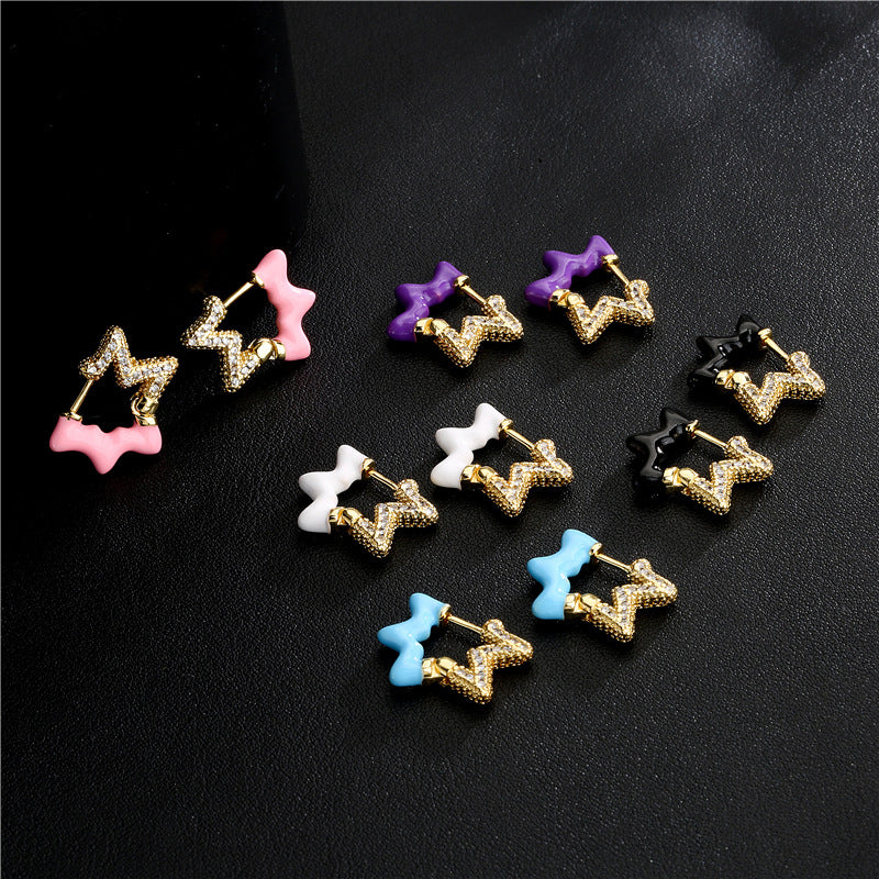 Colorful Drip Oil Cubic Zirconia Star 18K Gold Plated Brass Hoop Earrings for Women