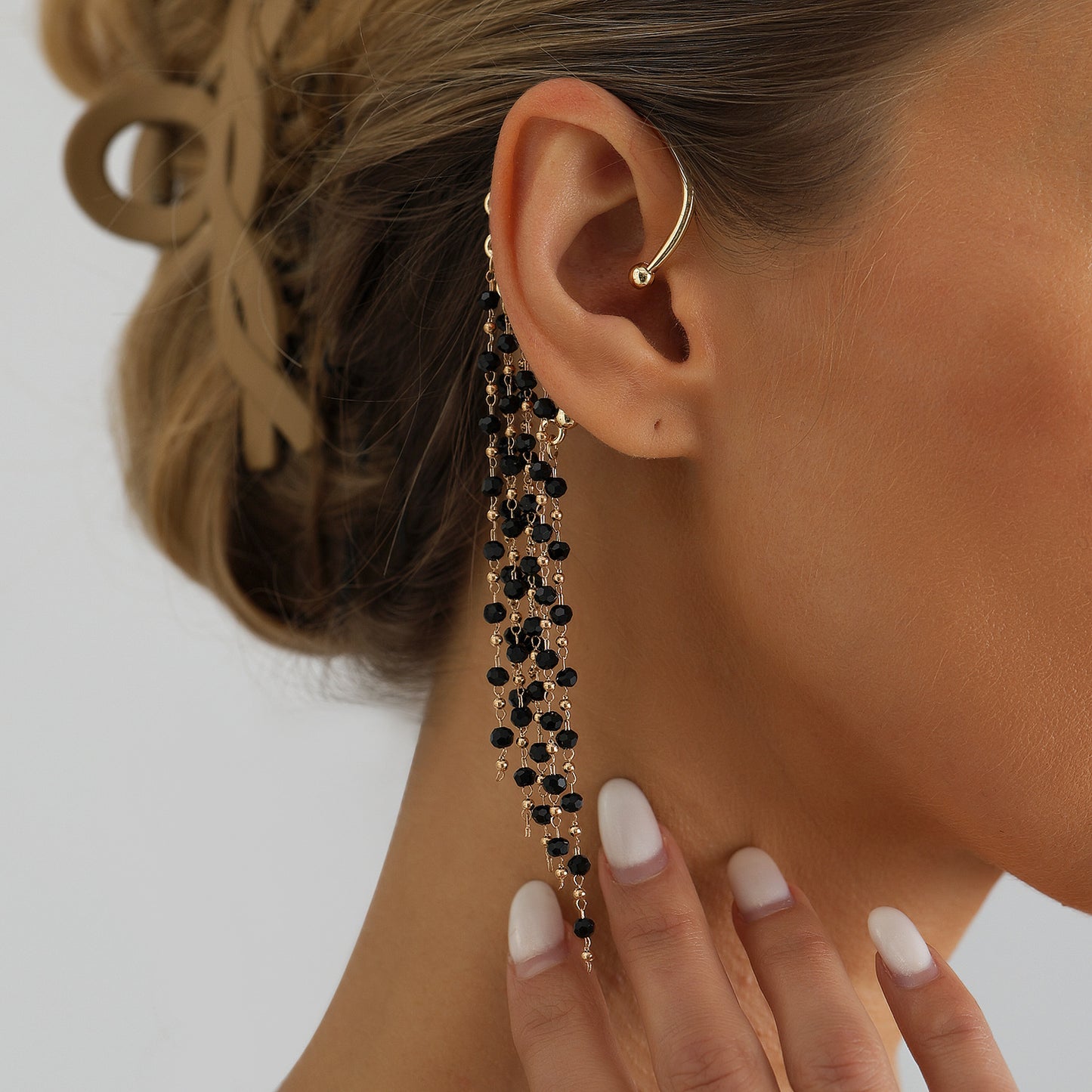 Black Crystal Glass Plated Tassel Ear Cuff