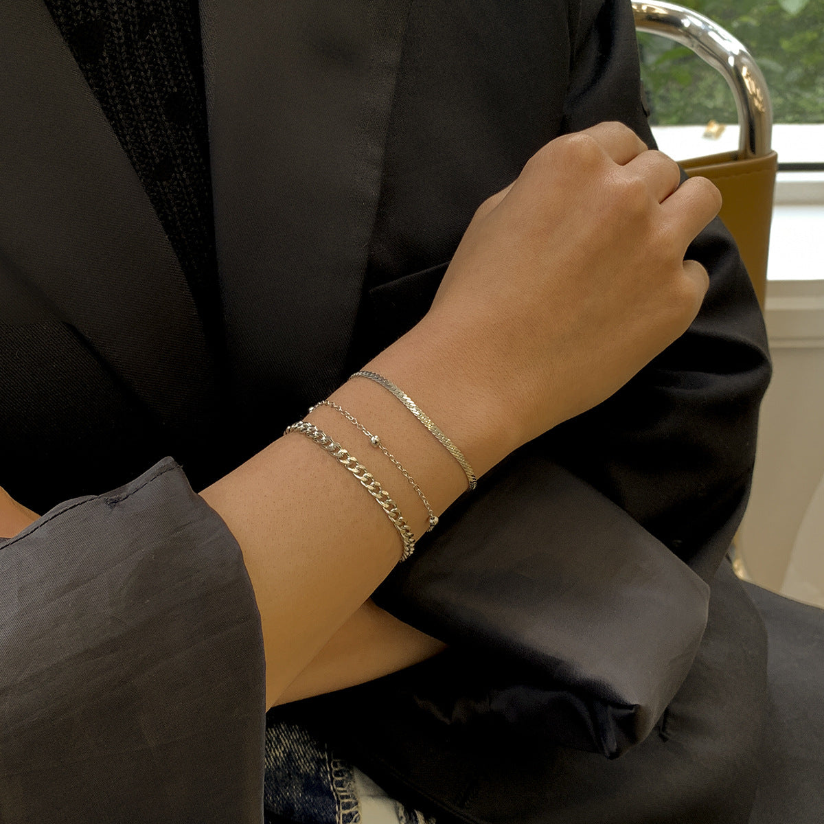 Minimalist Sweet Geometric Round Bead Plated Brass Snake Chain Bracelet Set for Women