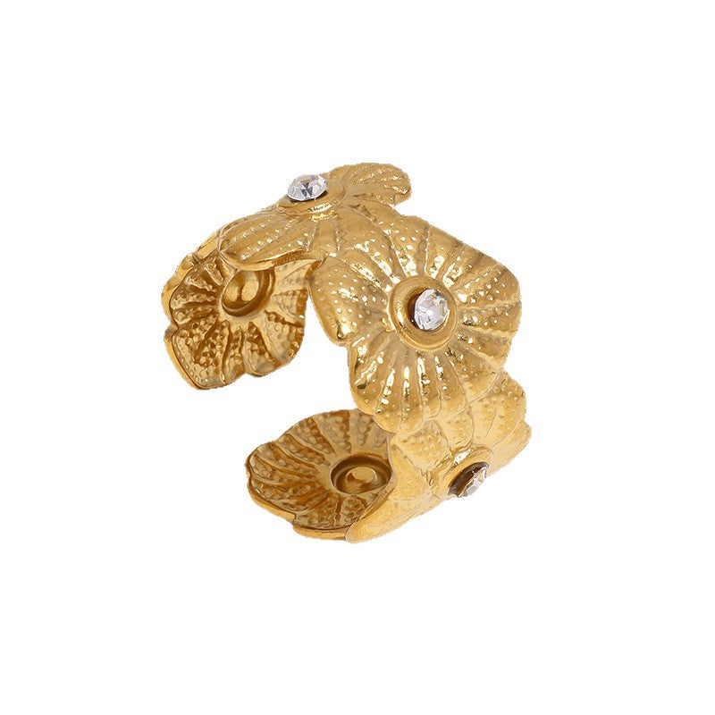 Minimalist Elegant Gold Plated Stainless Steel Floral Rhinestone Open Ring for Women
