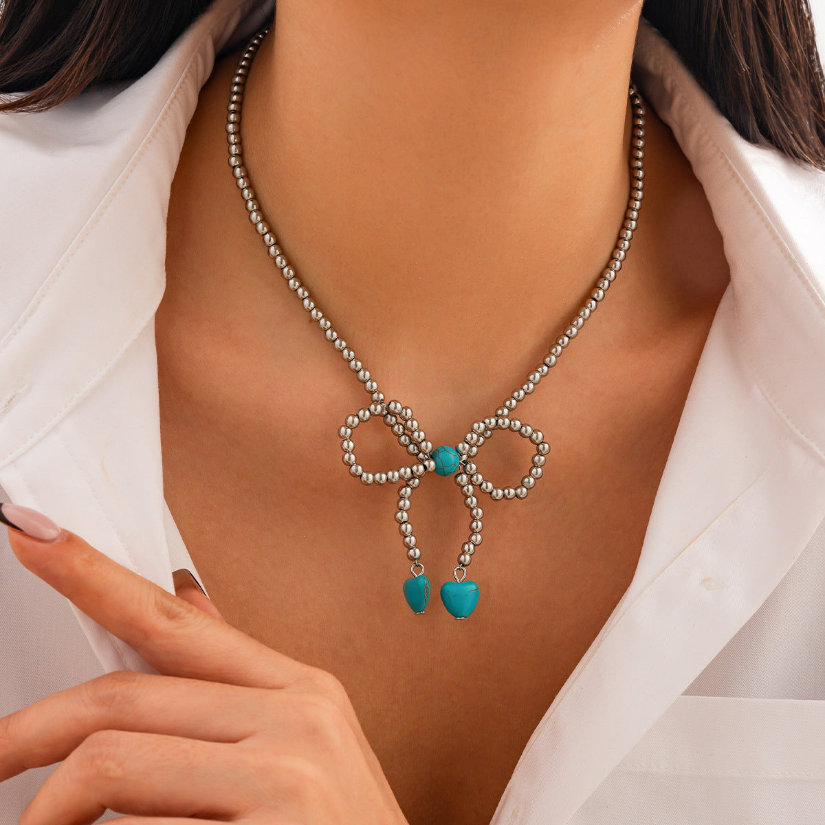 Collar de cadena con lazo vintage y colgante geométrico para mujer, con cadena de clavícula de plástico chapado y resina