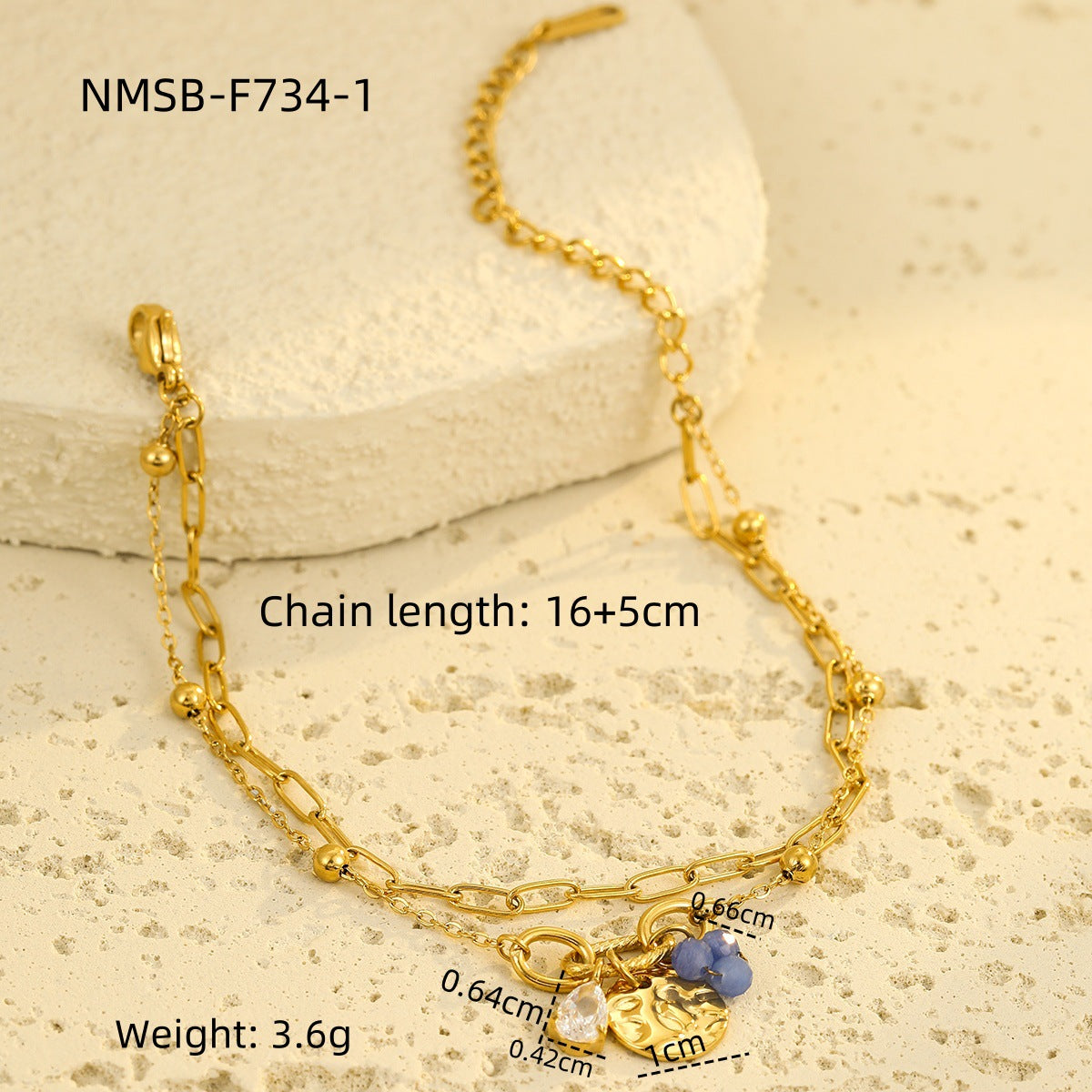 Bracciale in Acciaio al Titanio alla Moda Stile Ufficio con Zircone a Goccia e Ciondolo Perla su Charm Rotondo da Donna