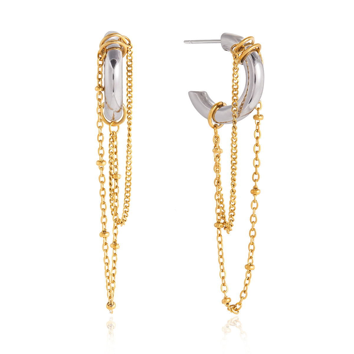 Elegant Two-Tone Geometric C-Hoop Earrings with Tassel Plated Stainless Steel for Women