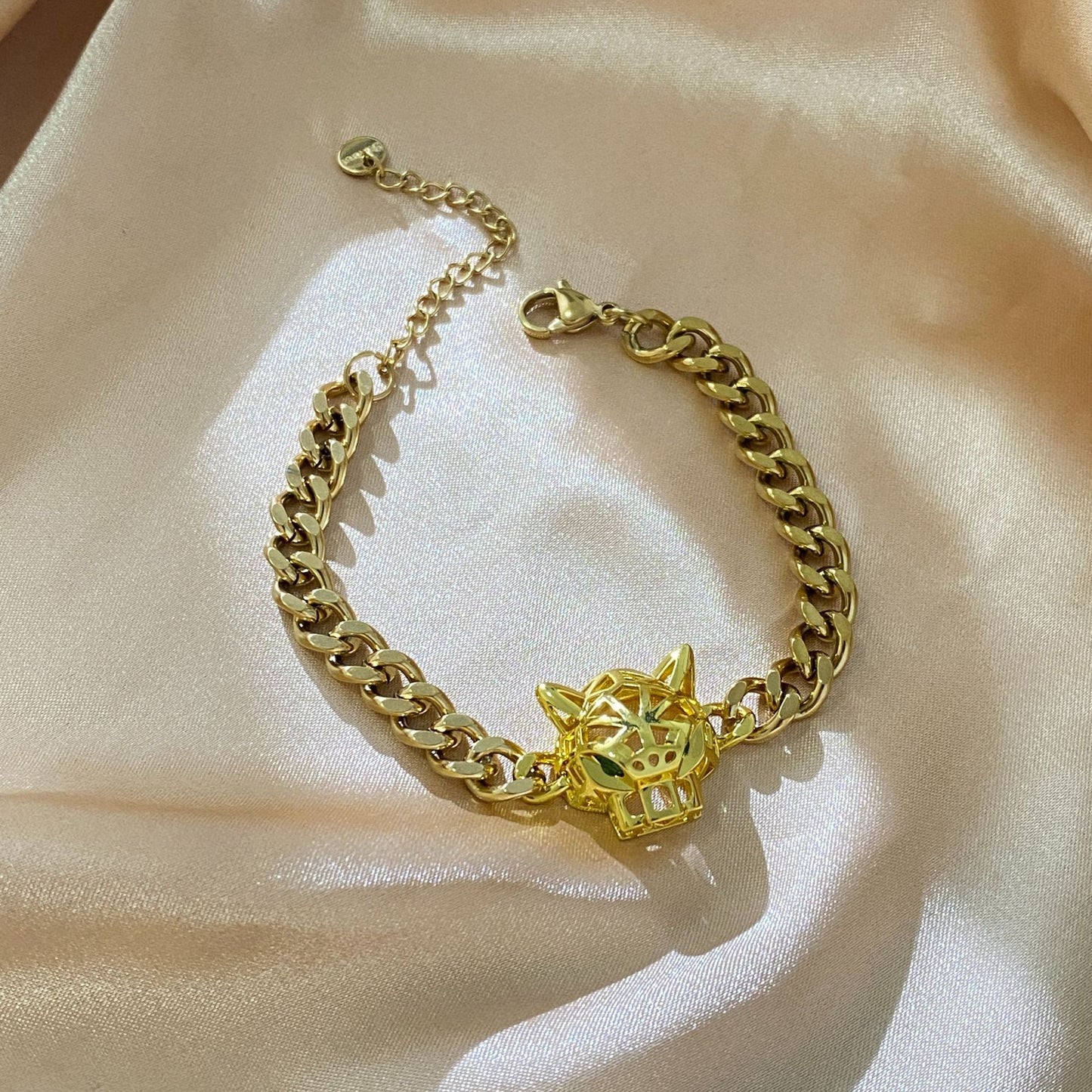 Vintage Hip-hop Geometric Leopard Head Hollow Green Eye Stainless Steel Cuban Link Chain Bracelet Unisex