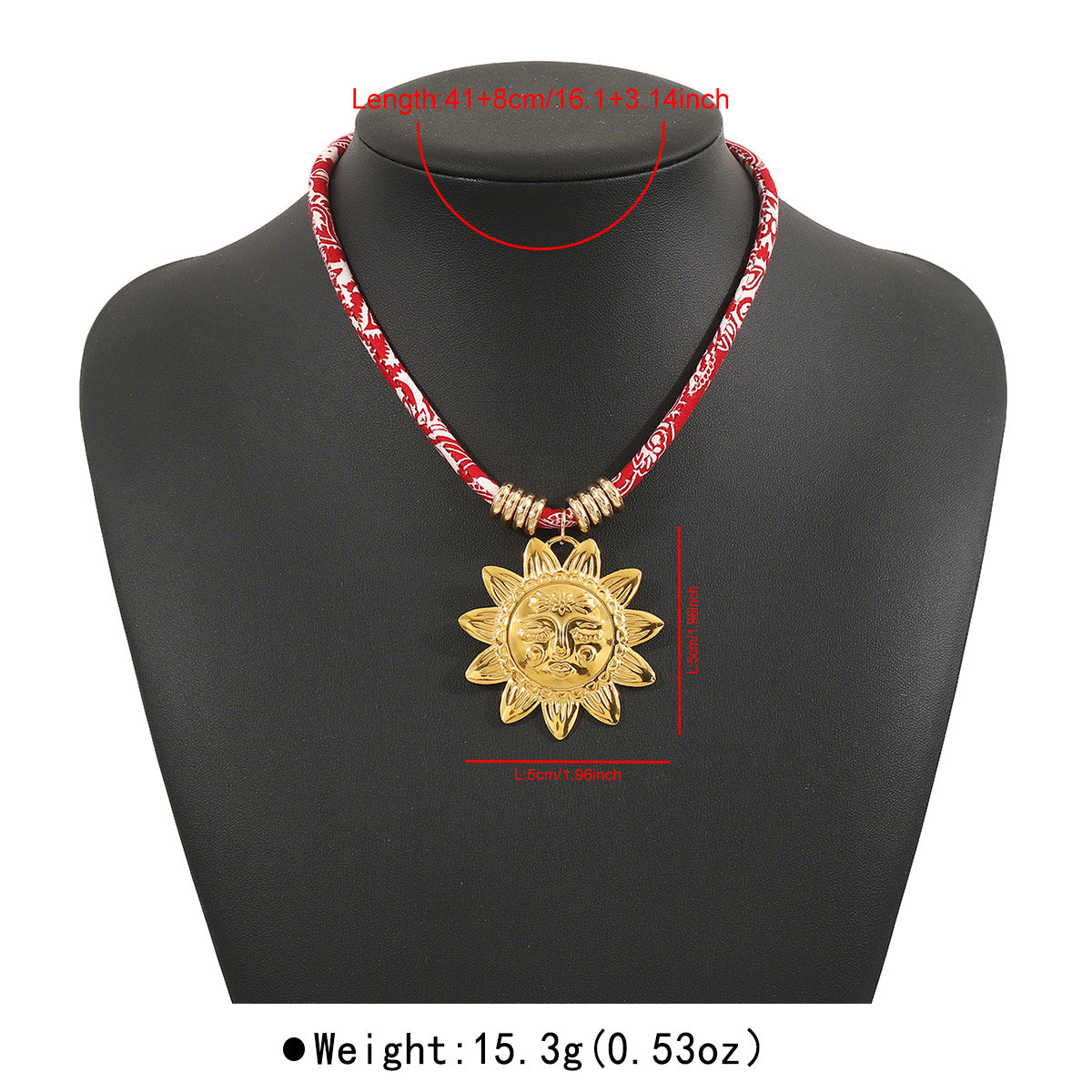 Collana con Ciondolo a Cuore, Luna e Volto di Sole Esagerati da Donna in Acciaio Inossidabile con Placcatura in Oro 14K su Cordino di Cotone