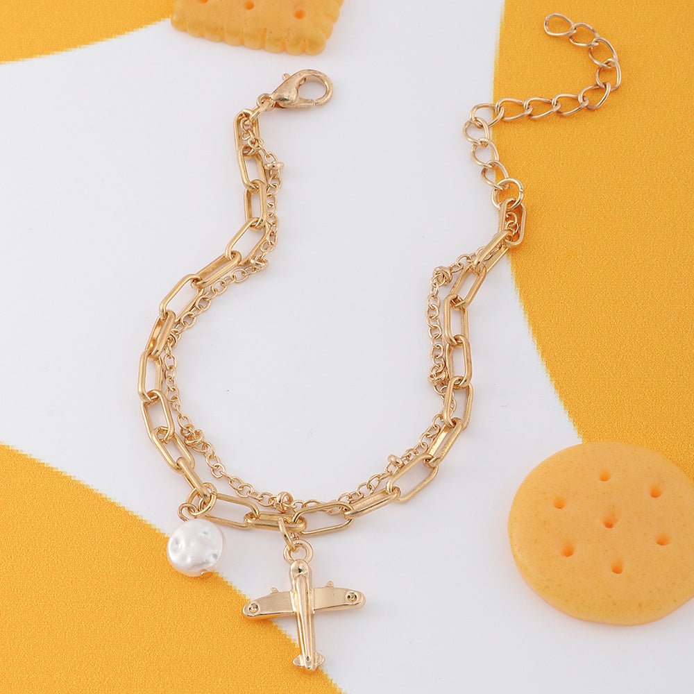 Bracciale doppio strato con ciondolo aereo geometrico per bambini, in lega placcata con strass