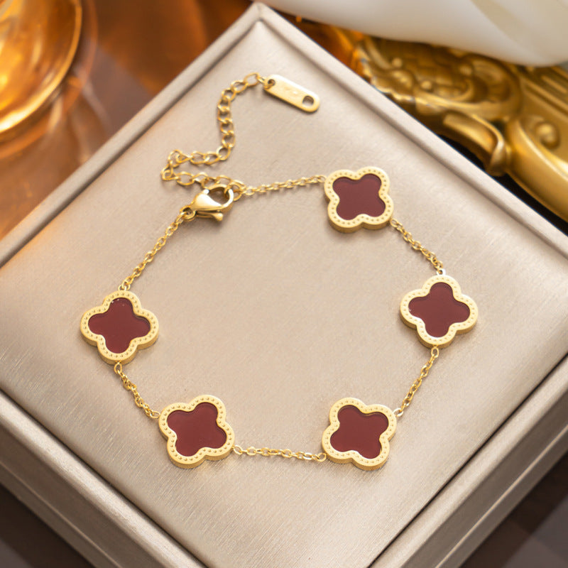 Fashion 18K Rose Gold Plated Titanium Steel Four-Leaf Clover Rhinestone Bracelet for Women