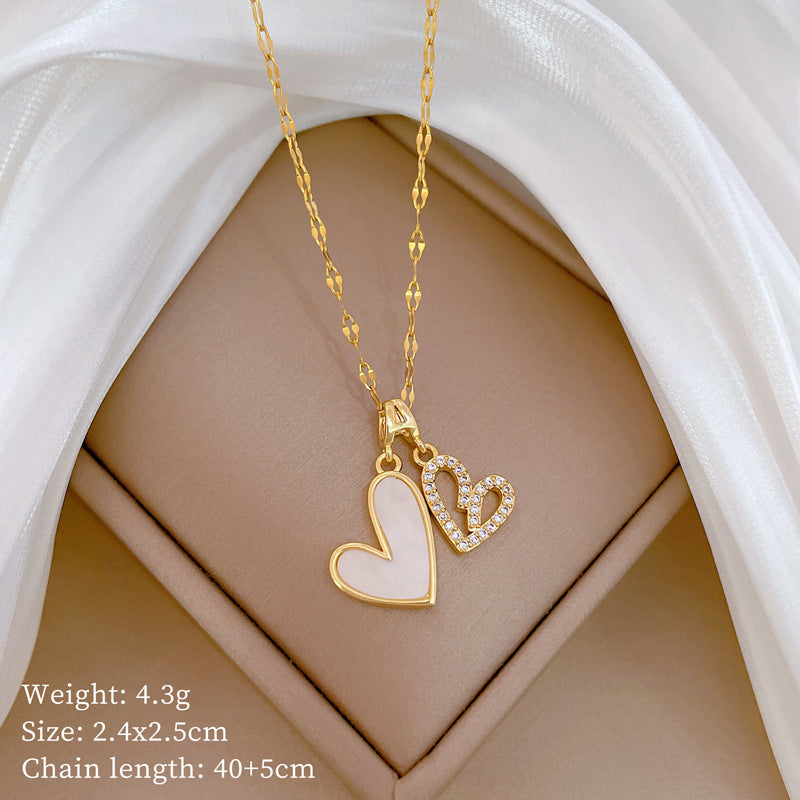 Collana di lusso con cuore a doppio strato, geometrica, con strass, in acciaio al titanio, pendente in acciaio inossidabile, catena in rame