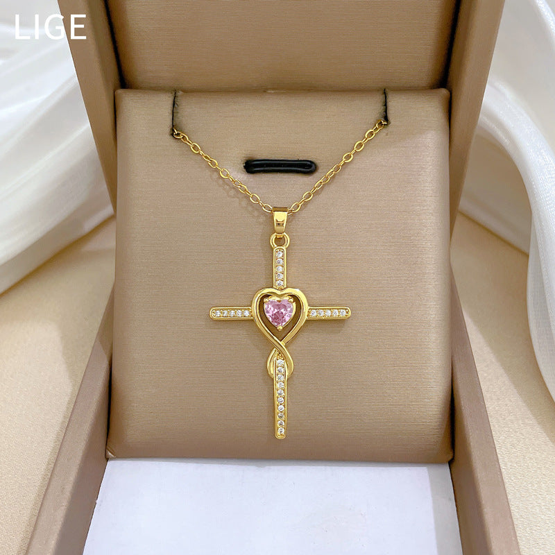 Minimalist Cross Pendant Necklace for Women and Men Stainless Steel Snake Chain with Rhinestone Inlay and Moon Motif