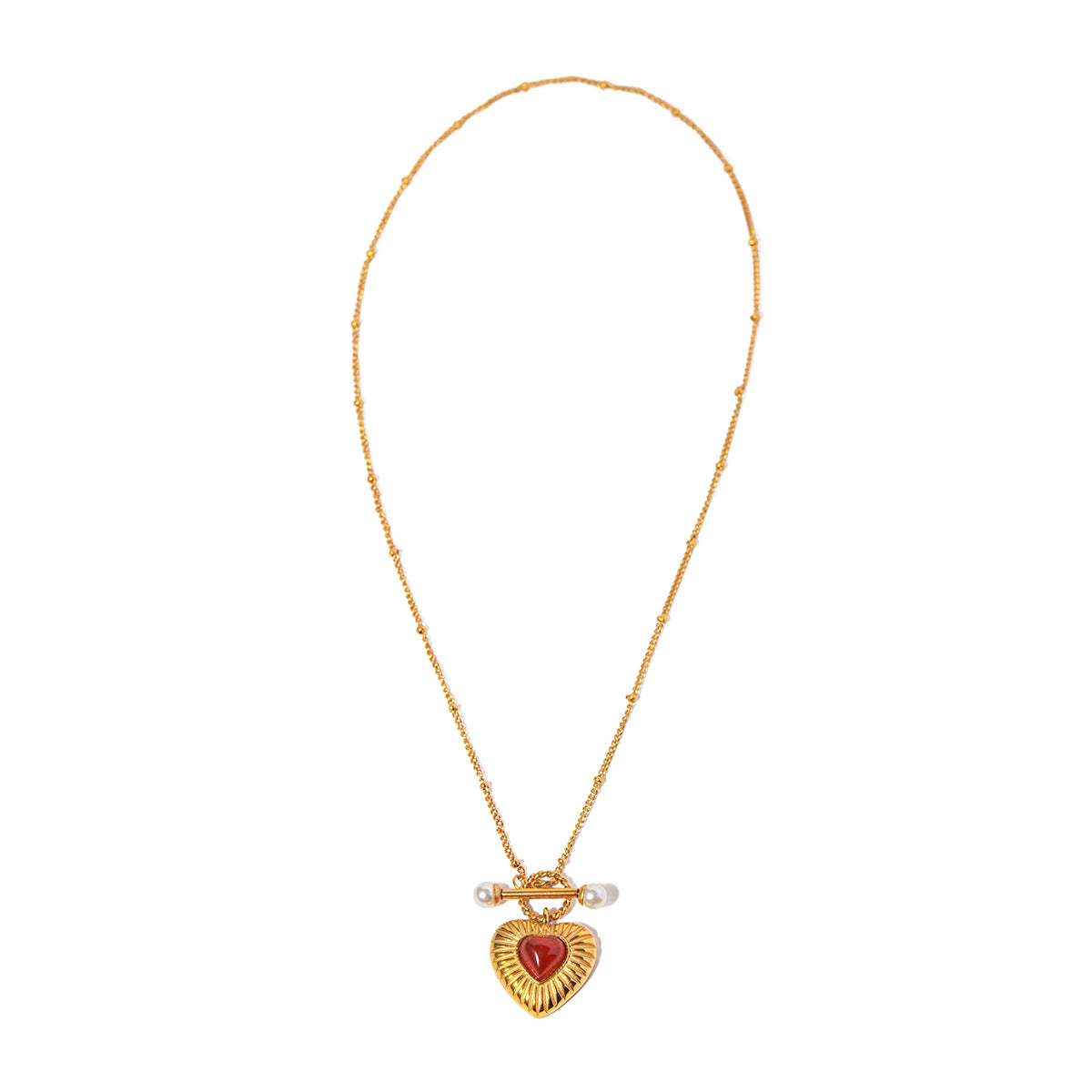 Collana alla moda in acciaio inossidabile placcato oro 18 carati a forma di cuore con ciondolo in agata rossa e perla da donna