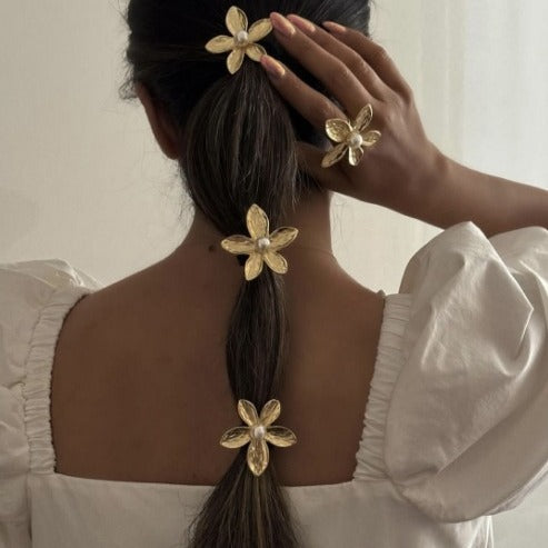 Fashion Polished Alloy Flower Butterfly Imitation Pearl Hair Tie