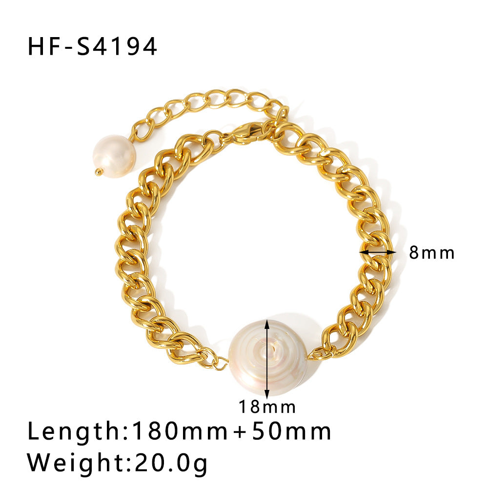 Geometric Style Gold Plated Stainless Steel Double Layer Cuban Bracelet with Pearl and Shell Accents Beach Inspired Unisex Bracelet