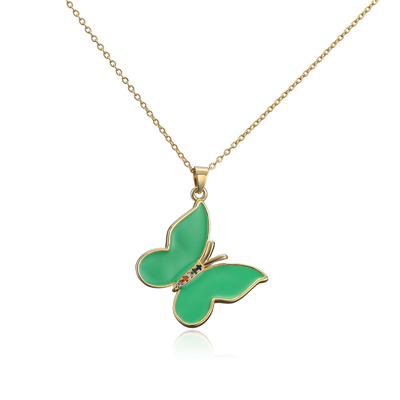 Sweet Solid Color Drip Oil Butterfly 18K Gold Plated Brass Necklace with Cubic Zirconia