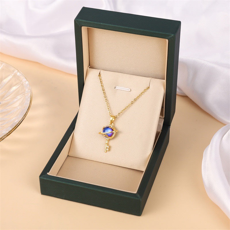 Romantic Starry Sky Glass Stone Key Pendant Necklace in Titanium Steel with Plated Finish on O-Chain