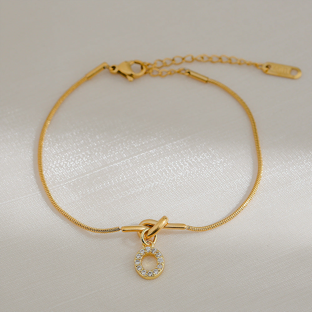 18K Gold Plated Stainless Steel Letter Heart Knot Charm Bar Bracelet for Women