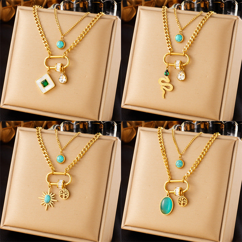 Collana Pendente Quadrata Turchese Minimalista Vintage con Catena Serpente Doppia Strato in Acciaio Inossidabile Placcato Oro
