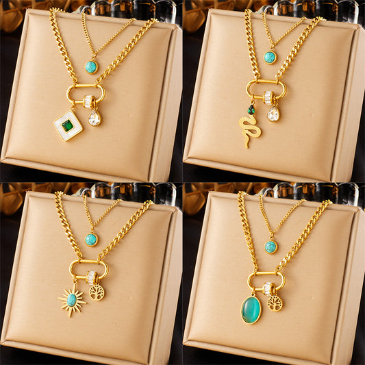 Collana Pendente Quadrata Turchese Minimalista Vintage con Catena Serpente Doppia Strato in Acciaio Inossidabile Placcato Oro