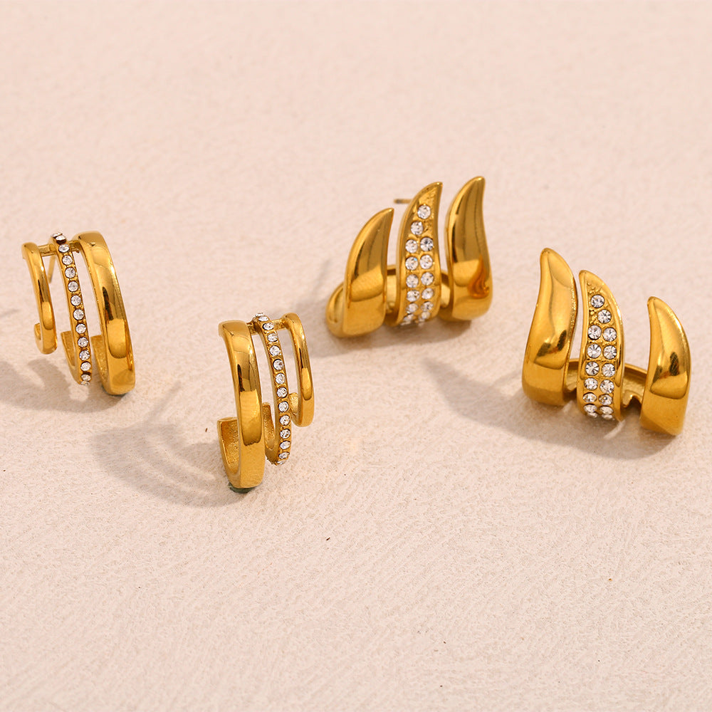 Minimalist Geometric Stainless Steel Earrings with 18K Gold Plating and Rhinestone Accents for Women