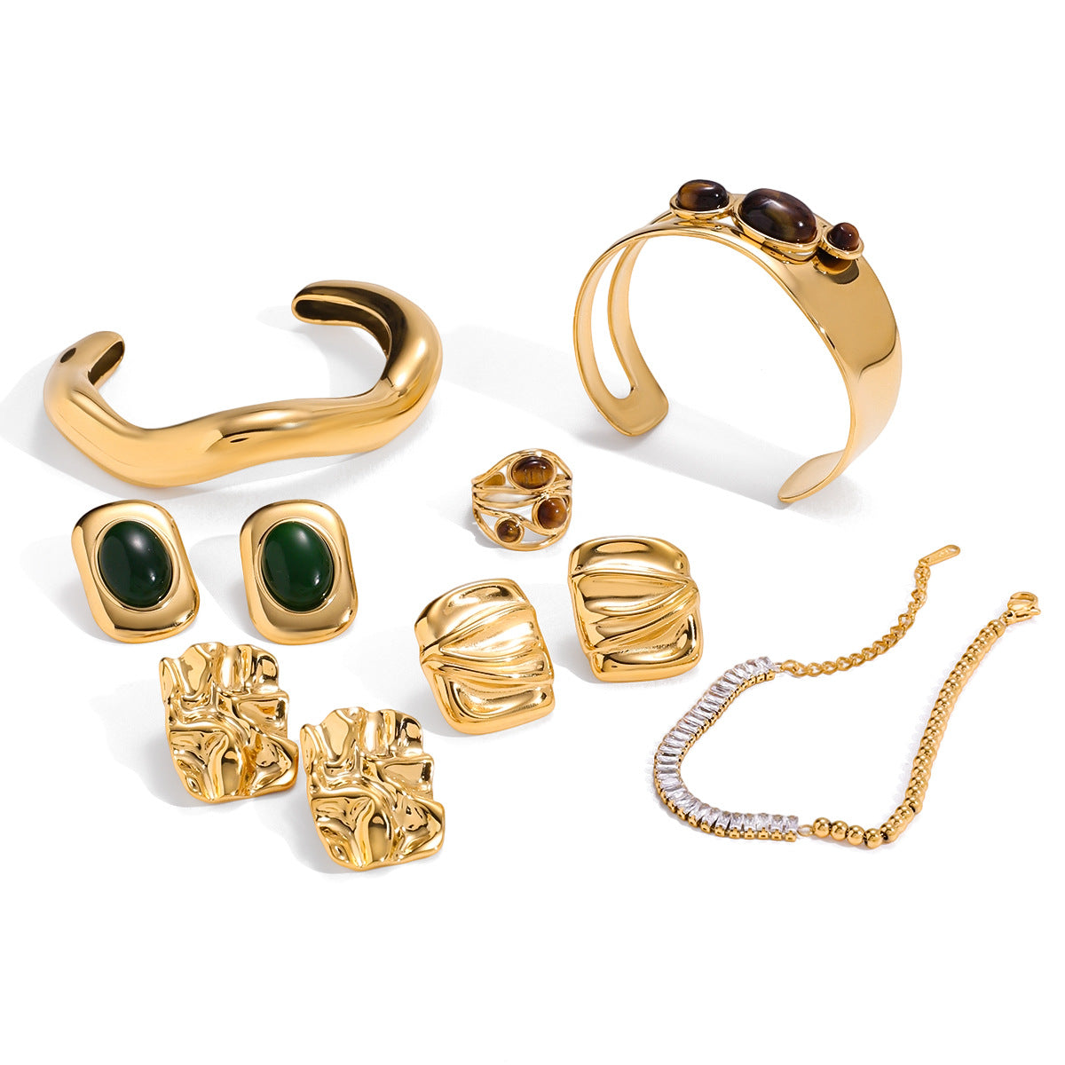 Elegante Conjunto de Pulsera y Pendientes de Acero de Titanio con Patrón Cósmico y Detalles de Pedrería, Joyería de Acero Inoxidable Chapado para Mujer